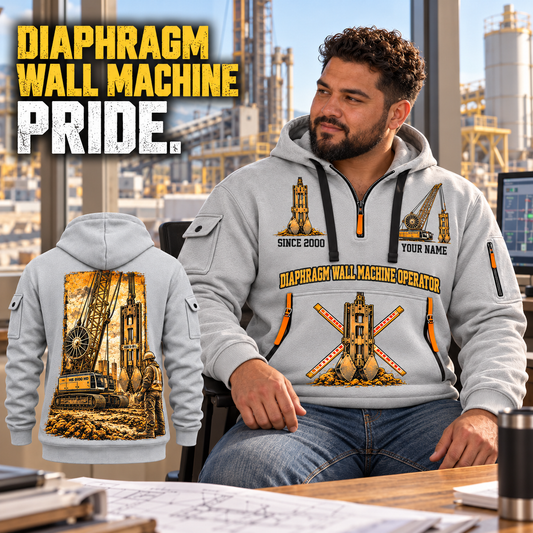 Liebherr HS 8100 HD with HSG 5-18 L Diaphragm Wall Machine quarter zip hoodie in Light Grey, adult lifestyle portrait showing front and back artwork