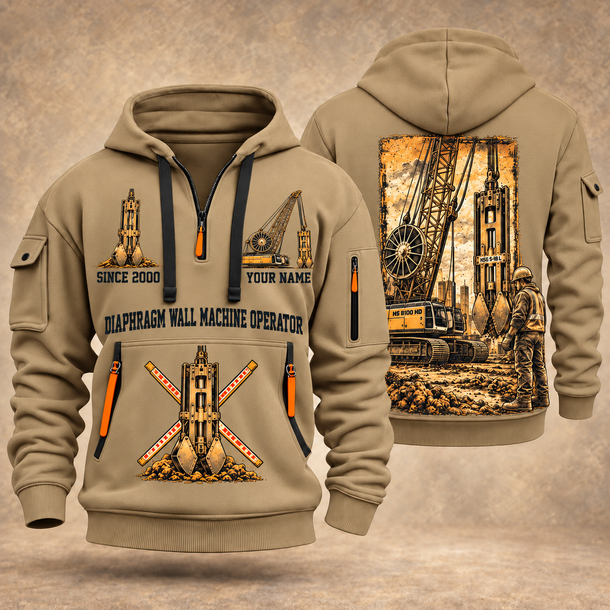 Liebherr HS 8100 HD with HSG 5-18 L Diaphragm Wall Machine quarter zip hoodie in Khaki, front and back views, sample YOUR NAME and SINCE 2000 artwork