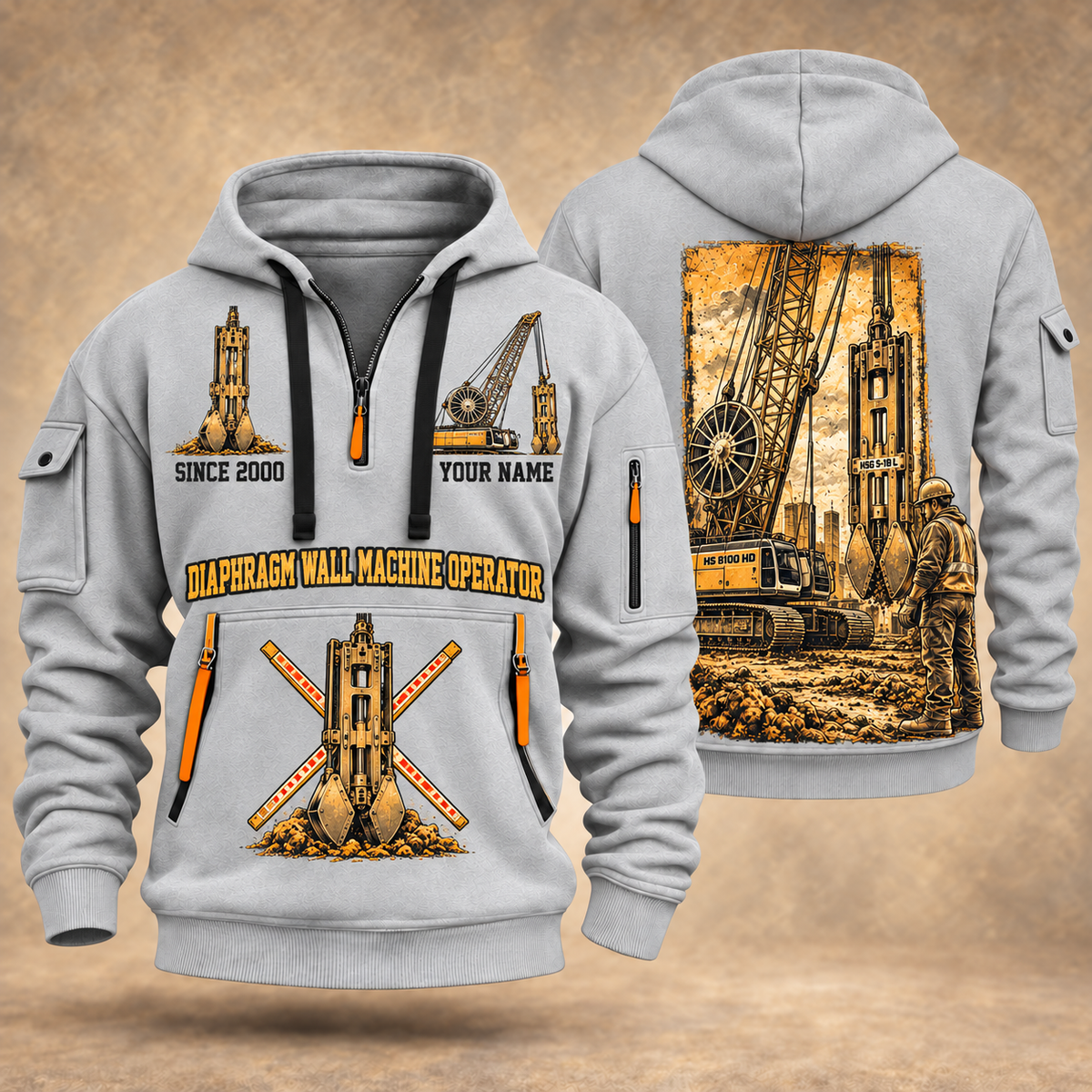 Liebherr HS 8100 HD with HSG 5-18 L Diaphragm Wall Machine quarter zip hoodie in Light Grey, front and back views, sample YOUR NAME and SINCE 2000 artwork