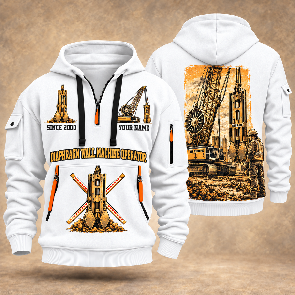 Liebherr HS 8100 HD with HSG 5-18 L Diaphragm Wall Machine quarter zip hoodie in White, front and back views, sample YOUR NAME and SINCE 2000 artwork