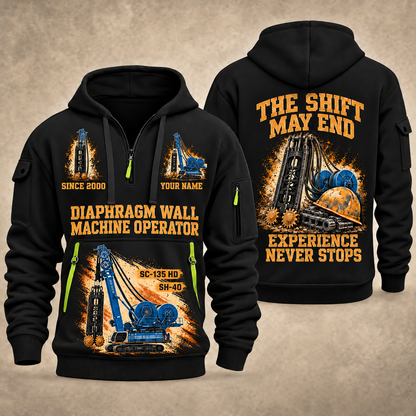 Soilmec SC-135 HD Tiger with SH-40 Diaphragm Wall Machine quarter zip hoodie in Black, front and back views, sample YOUR NAME and SINCE 2000 artwork