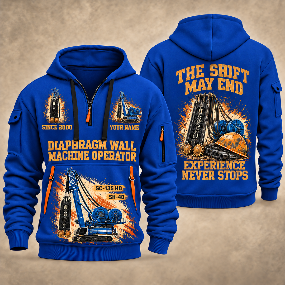 Soilmec SC-135 HD Tiger with SH-40 Diaphragm Wall Machine quarter zip hoodie in Blue, front and back views, sample YOUR NAME and SINCE 2000 artwork