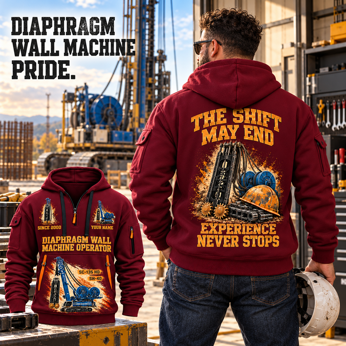 Soilmec SC-135 HD Tiger with SH-40 Diaphragm Wall Machine quarter zip hoodie in Wine Red, adult lifestyle portrait showing front and back artwork