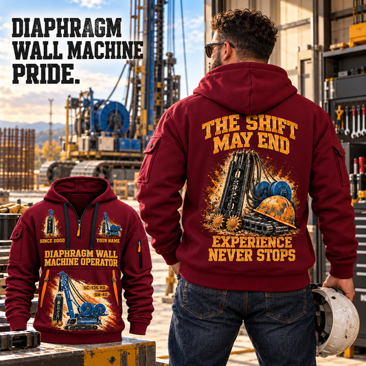 Soilmec SC-135 HD Tiger with SH-40 Diaphragm Wall Machine quarter zip hoodie in Wine Red, adult lifestyle portrait showing front and back artwork