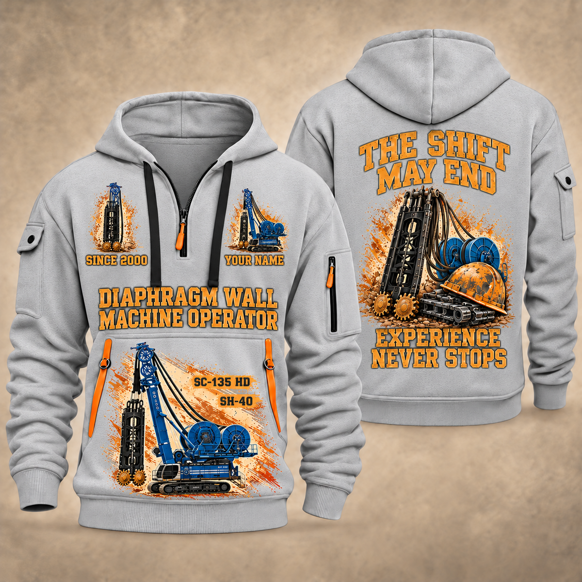 Soilmec SC-135 HD Tiger with SH-40 Diaphragm Wall Machine quarter zip hoodie in Light Grey, front and back views, sample YOUR NAME and SINCE 2000 artwork