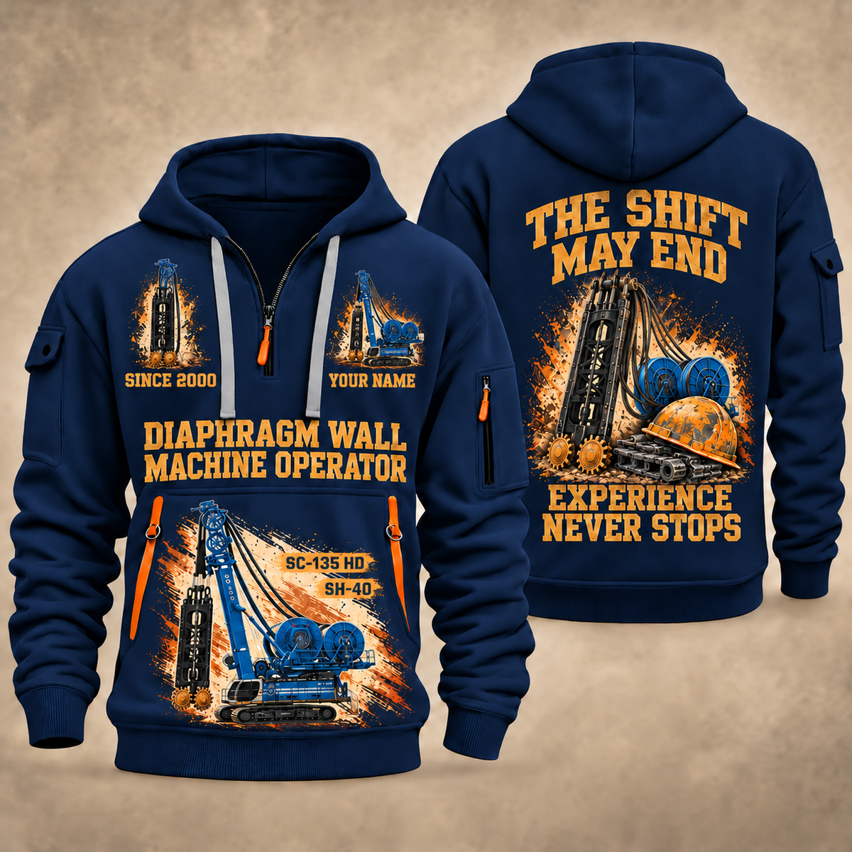 Soilmec SC-135 HD Tiger with SH-40 Diaphragm Wall Machine quarter zip hoodie in Navy, front and back views, sample YOUR NAME and SINCE 2000 artwork