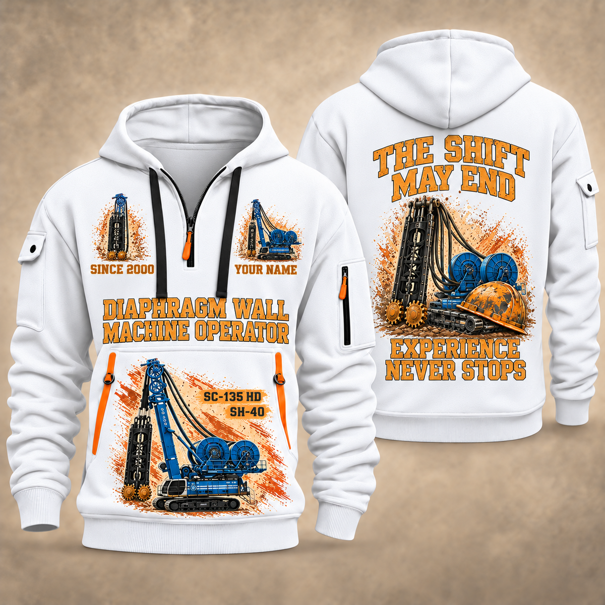 Soilmec SC-135 HD Tiger with SH-40 Diaphragm Wall Machine quarter zip hoodie in White, front and back views, sample YOUR NAME and SINCE 2000 artwork