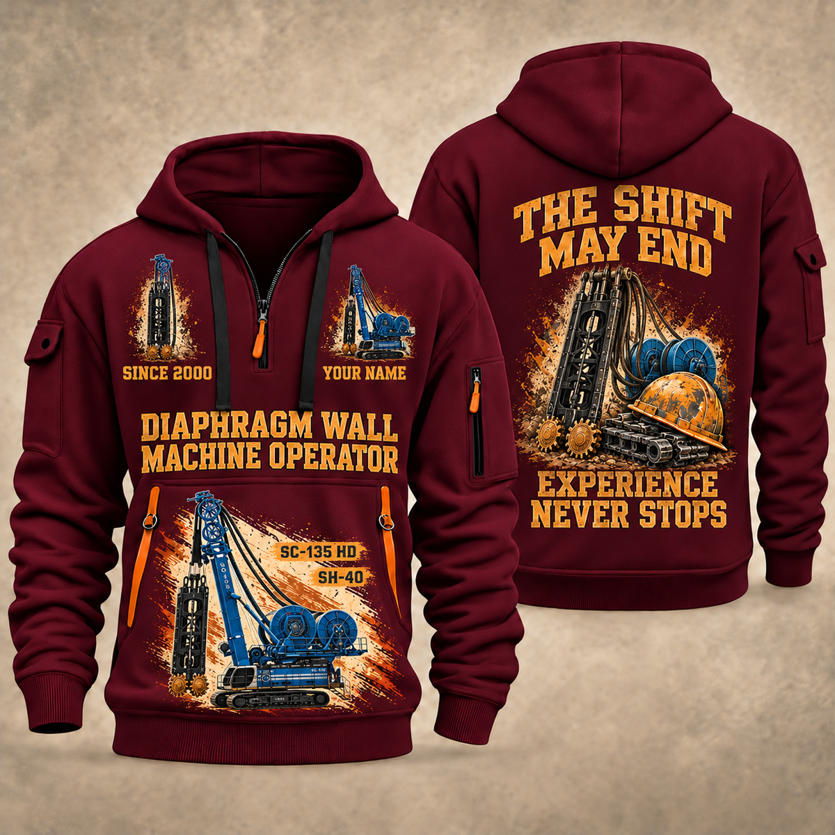 Soilmec SC-135 HD Tiger with SH-40 Diaphragm Wall Machine quarter zip hoodie in Wine Red, front and back views, sample YOUR NAME and SINCE 2000 artwork