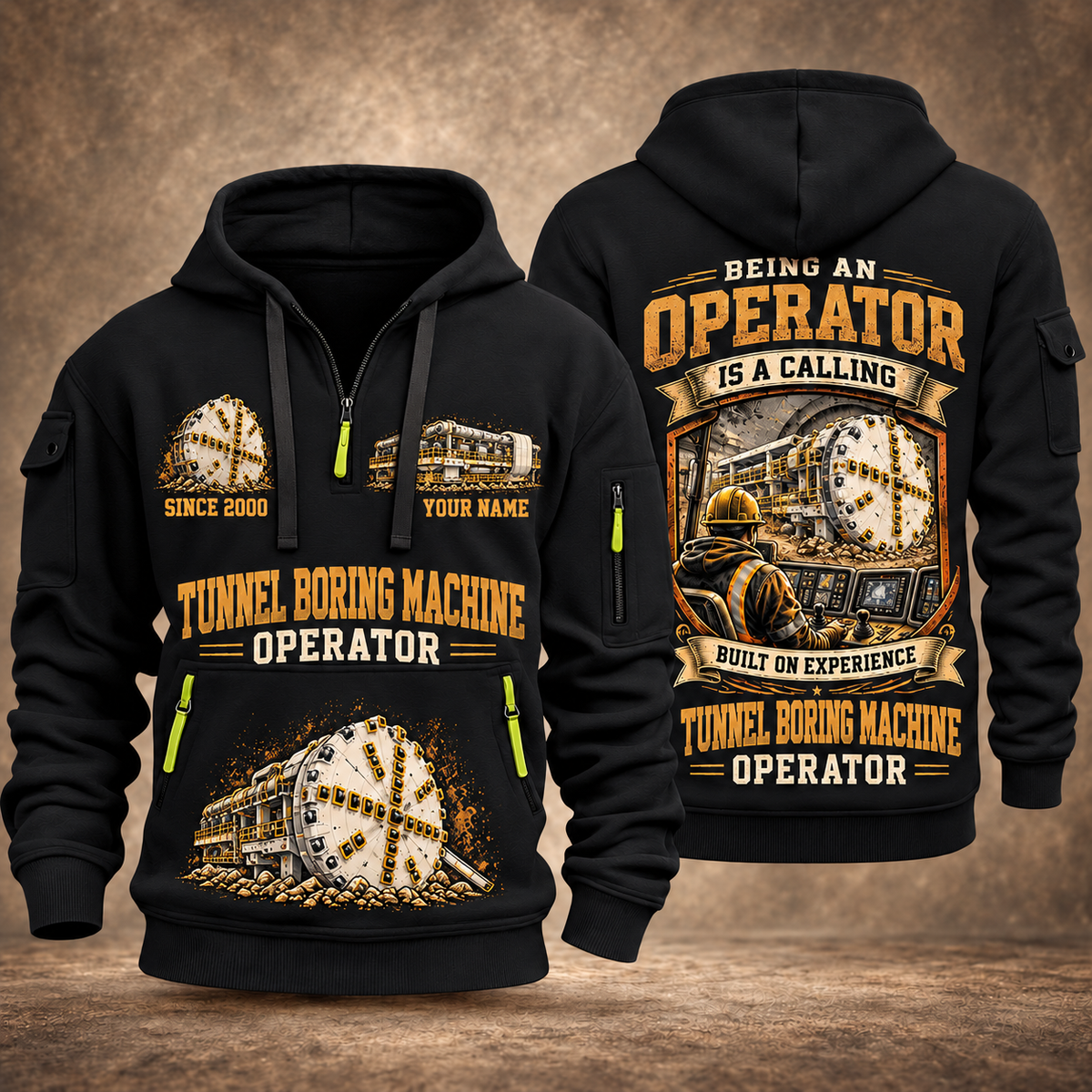 Robbins Main Beam TBM - Mill Creek Big Tex configuration Tunnel Boring Machine quarter zip hoodie in Black, front and back views, sample YOUR NAME and SINCE 2000 artwork