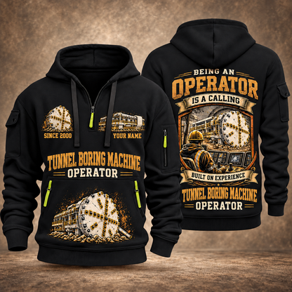 Robbins Main Beam TBM - Mill Creek Big Tex configuration Tunnel Boring Machine quarter zip hoodie in Black, front and back views, sample YOUR NAME and SINCE 2000 artwork