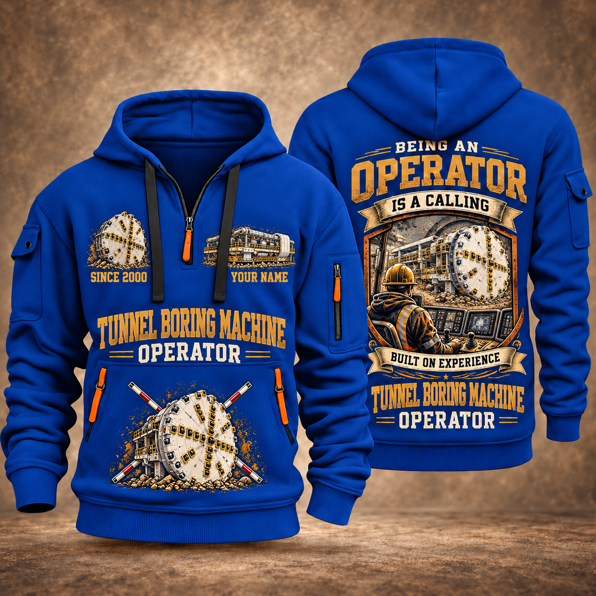 Robbins Main Beam TBM - Mill Creek Big Tex configuration Tunnel Boring Machine quarter zip hoodie in Blue, front and back views, sample YOUR NAME and SINCE 2000 artwork
