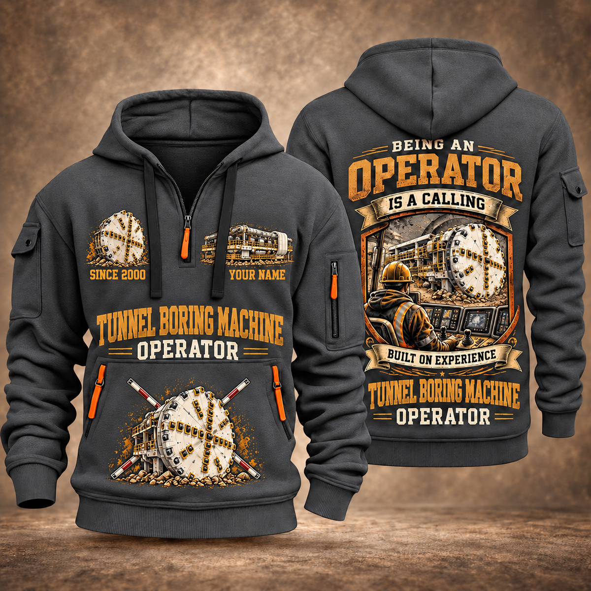 Robbins Main Beam TBM - Mill Creek Big Tex configuration Tunnel Boring Machine quarter zip hoodie in Gray, front and back views, sample YOUR NAME and SINCE 2000 artwork