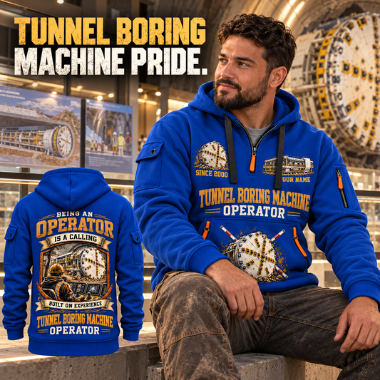 Robbins Main Beam TBM - Mill Creek Big Tex configuration Tunnel Boring Machine quarter zip hoodie in Blue, adult lifestyle portrait showing front and back artwork