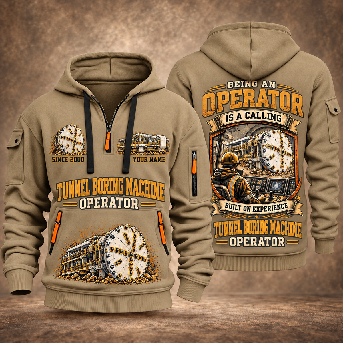 Robbins Main Beam TBM - Mill Creek Big Tex configuration Tunnel Boring Machine quarter zip hoodie in Khaki, front and back views, sample YOUR NAME and SINCE 2000 artwork