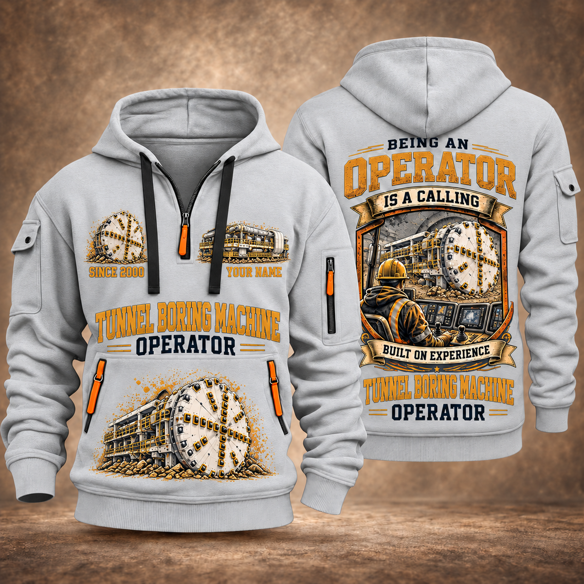 Robbins Main Beam TBM - Mill Creek Big Tex configuration Tunnel Boring Machine quarter zip hoodie in Light Grey, front and back views, sample YOUR NAME and SINCE 2000 artwork
