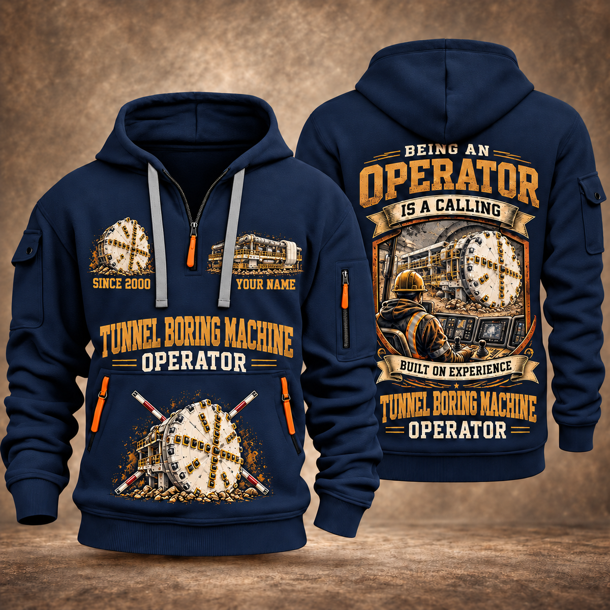 Robbins Main Beam TBM - Mill Creek Big Tex configuration Tunnel Boring Machine quarter zip hoodie in Navy, front and back views, sample YOUR NAME and SINCE 2000 artwork