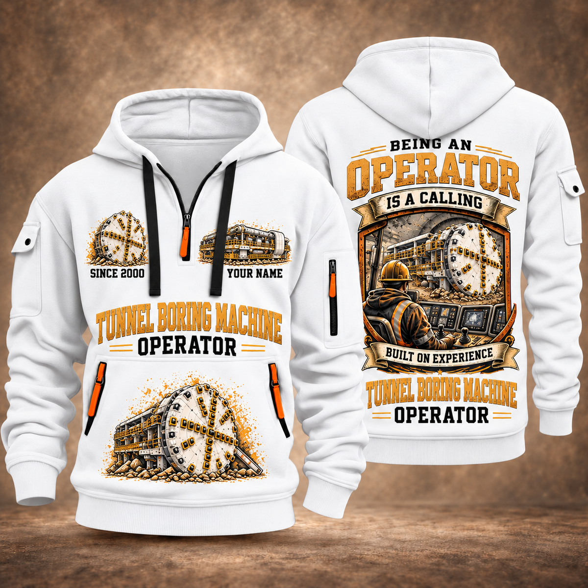 Robbins Main Beam TBM - Mill Creek Big Tex configuration Tunnel Boring Machine quarter zip hoodie in White, front and back views, sample YOUR NAME and SINCE 2000 artwork