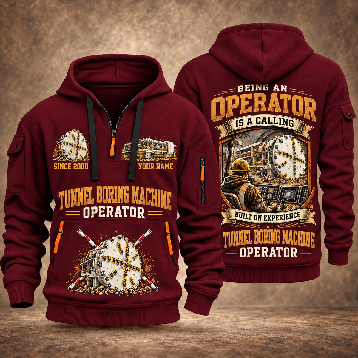 Robbins Main Beam TBM - Mill Creek Big Tex configuration Tunnel Boring Machine quarter zip hoodie in Wine Red, front and back views, sample YOUR NAME and SINCE 2000 artwork