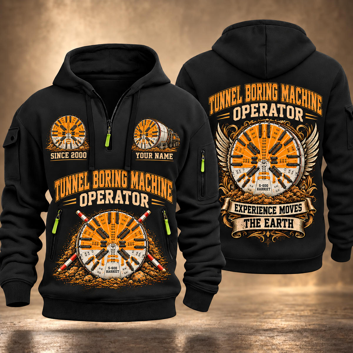Herrenknecht EPB Shield S-600 Harriet Tunnel Boring Machine quarter zip hoodie in Black, front and back views, sample YOUR NAME and SINCE 2000 artwork
