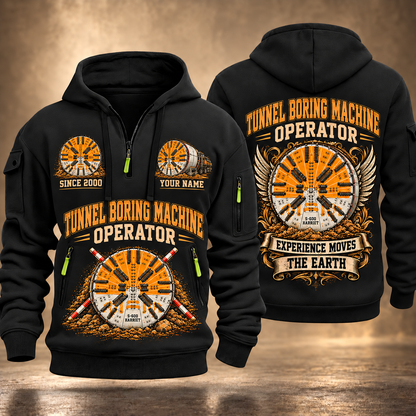 Herrenknecht EPB Shield S-600 Harriet Tunnel Boring Machine quarter zip hoodie in Black, front and back views, sample YOUR NAME and SINCE 2000 artwork