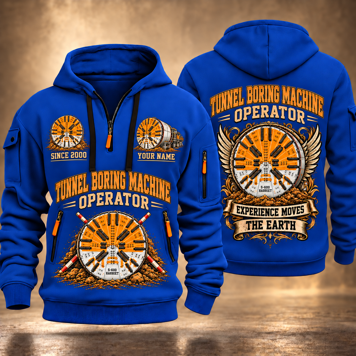 Herrenknecht EPB Shield S-600 Harriet Tunnel Boring Machine quarter zip hoodie in Blue, front and back views, sample YOUR NAME and SINCE 2000 artwork
