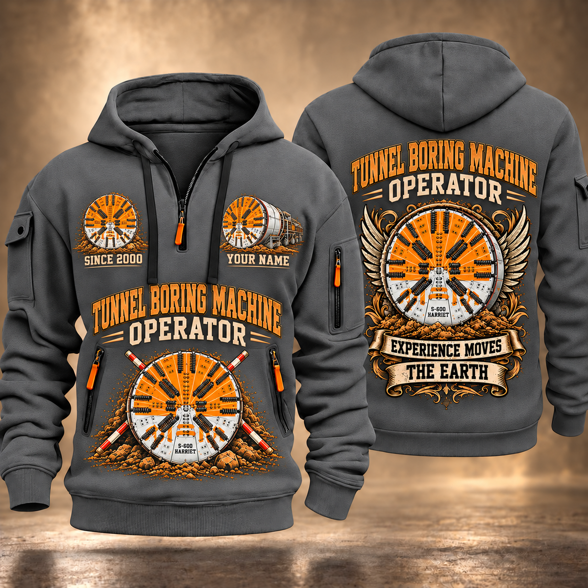 Herrenknecht EPB Shield S-600 Harriet Tunnel Boring Machine quarter zip hoodie in Gray, front and back views, sample YOUR NAME and SINCE 2000 artwork