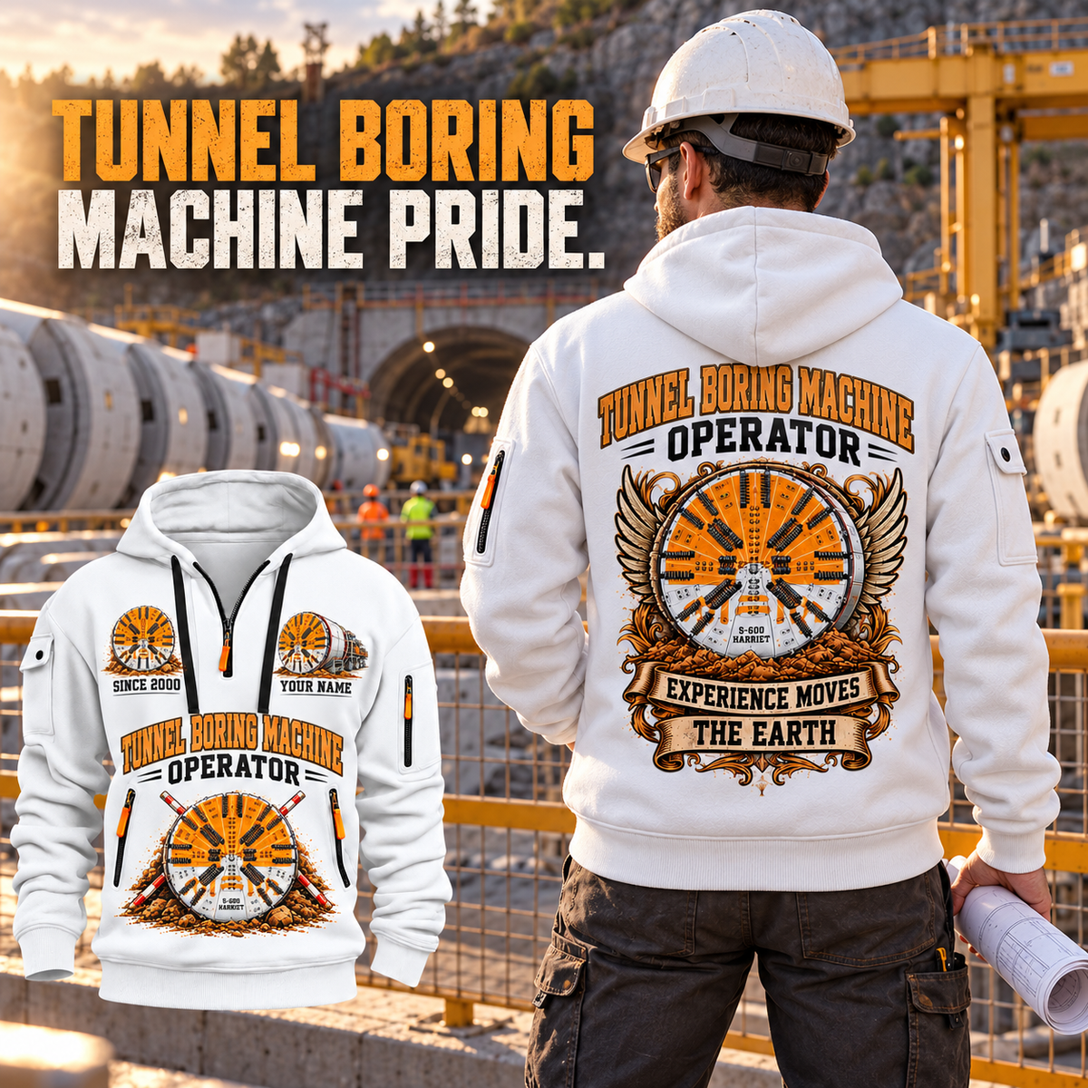 Herrenknecht EPB Shield S-600 Harriet Tunnel Boring Machine quarter zip hoodie in White, adult lifestyle portrait showing front and back artwork