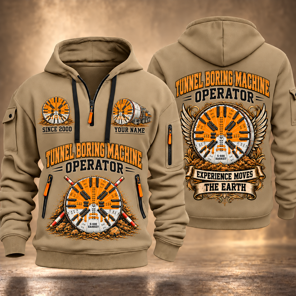Herrenknecht EPB Shield S-600 Harriet Tunnel Boring Machine quarter zip hoodie in Khaki, front and back views, sample YOUR NAME and SINCE 2000 artwork