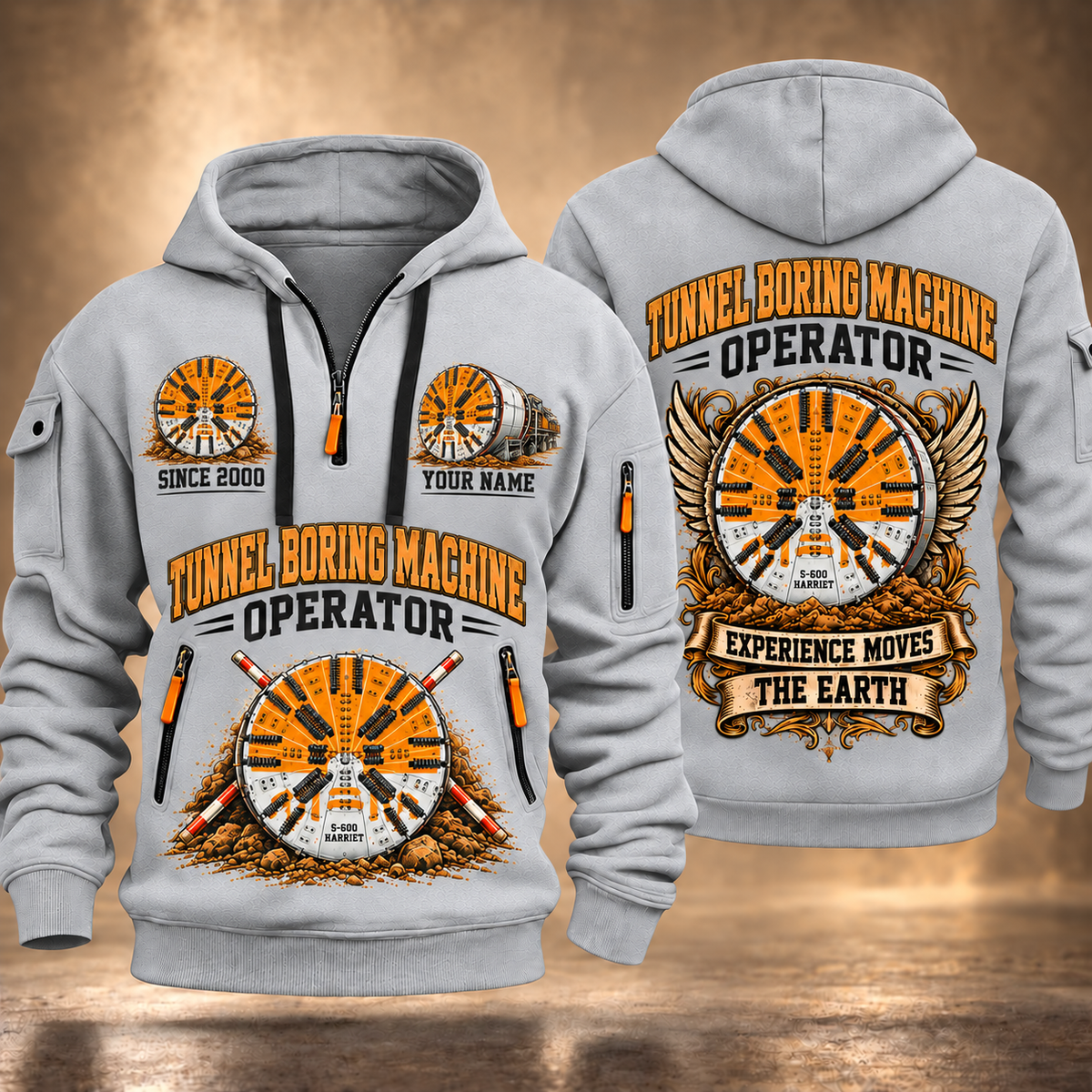 Herrenknecht EPB Shield S-600 Harriet Tunnel Boring Machine quarter zip hoodie in Light Grey, front and back views, sample YOUR NAME and SINCE 2000 artwork
