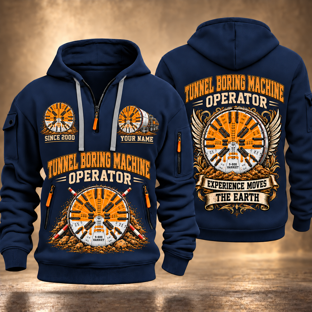 Herrenknecht EPB Shield S-600 Harriet Tunnel Boring Machine quarter zip hoodie in Navy, front and back views, sample YOUR NAME and SINCE 2000 artwork