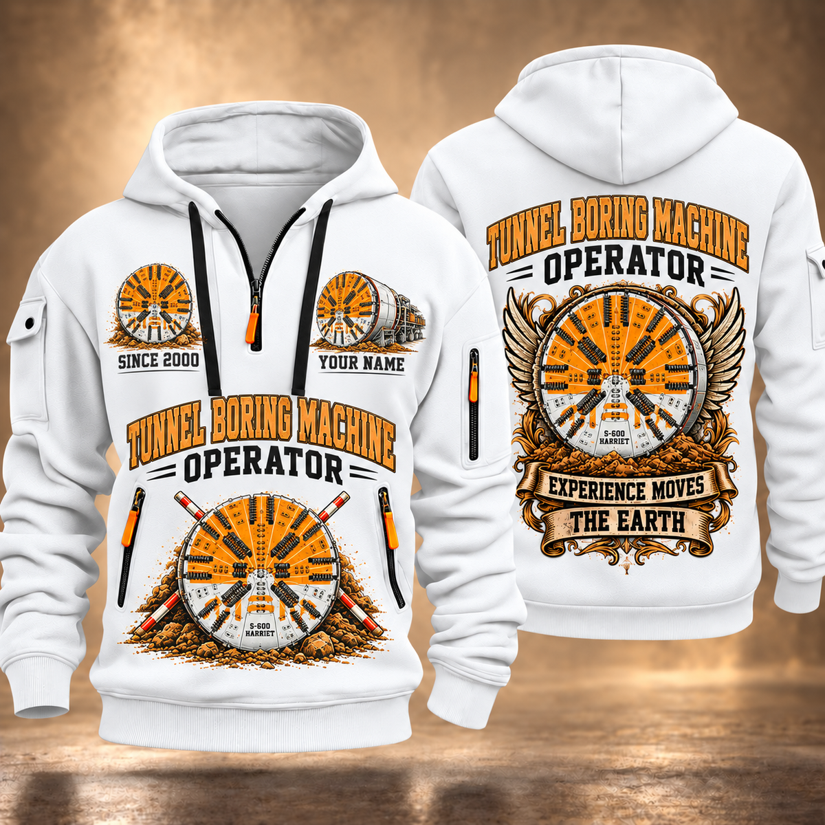 Herrenknecht EPB Shield S-600 Harriet Tunnel Boring Machine quarter zip hoodie in White, front and back views, sample YOUR NAME and SINCE 2000 artwork
