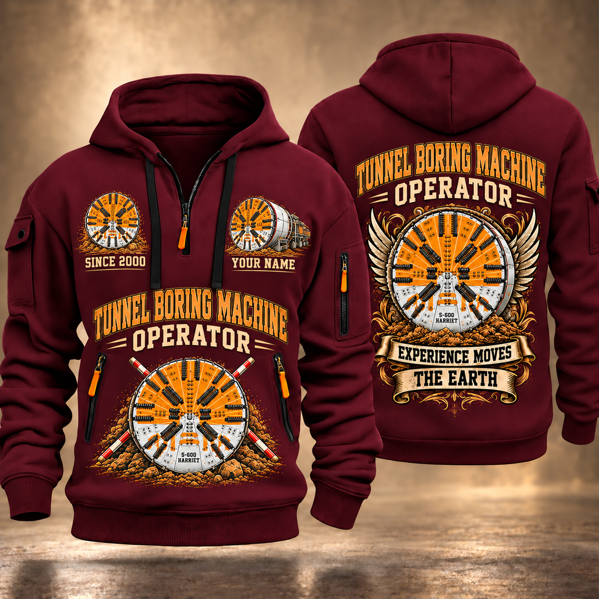 Herrenknecht EPB Shield S-600 Harriet Tunnel Boring Machine quarter zip hoodie in Wine Red, front and back views, sample YOUR NAME and SINCE 2000 artwork