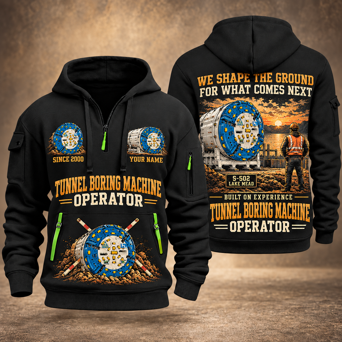 Herrenknecht Multi-mode TBM S-502 - Lake Mead configuration Tunnel Boring Machine quarter zip hoodie in Black, front and back views, sample YOUR NAME and SINCE 2000 artwork