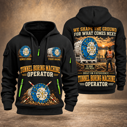 Herrenknecht Multi-mode TBM S-502 - Lake Mead configuration Tunnel Boring Machine quarter zip hoodie in Black, front and back views, sample YOUR NAME and SINCE 2000 artwork