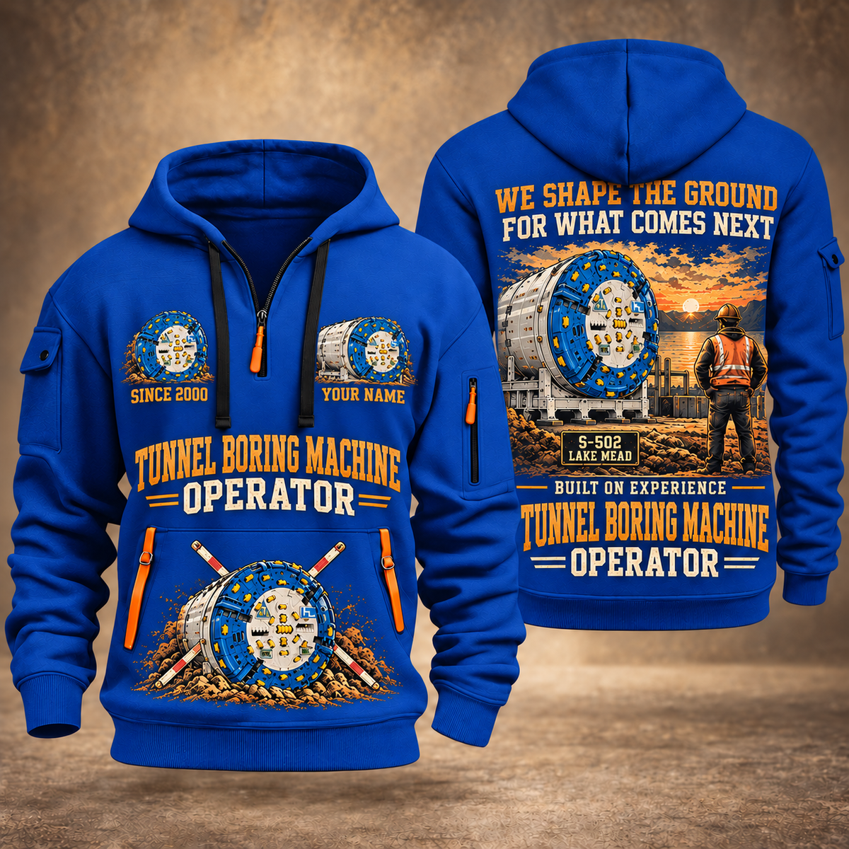 Herrenknecht Multi-mode TBM S-502 - Lake Mead configuration Tunnel Boring Machine quarter zip hoodie in Blue, front and back views, sample YOUR NAME and SINCE 2000 artwork