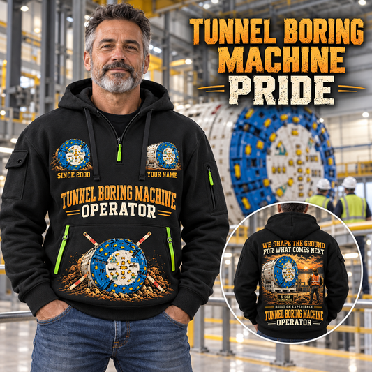 Herrenknecht Multi-mode TBM S-502 - Lake Mead configuration Tunnel Boring Machine quarter zip hoodie in Black, adult lifestyle portrait showing front and back artwork