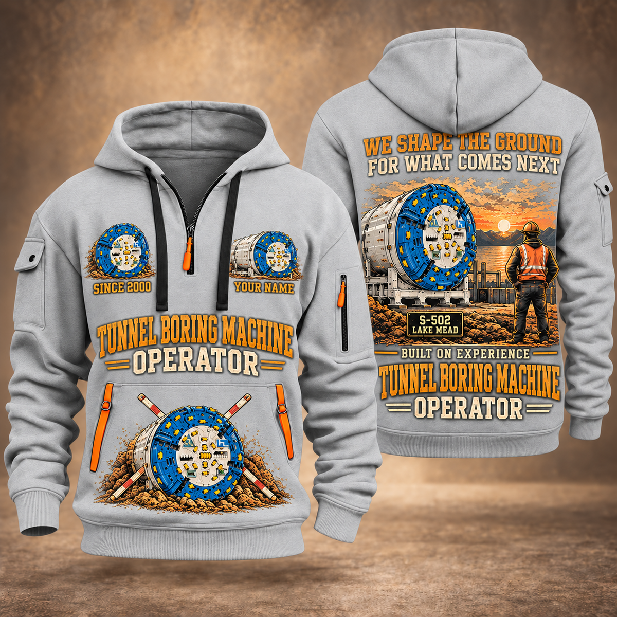 Herrenknecht Multi-mode TBM S-502 - Lake Mead configuration Tunnel Boring Machine quarter zip hoodie in Light Grey, front and back views, sample YOUR NAME and SINCE 2000 artwork