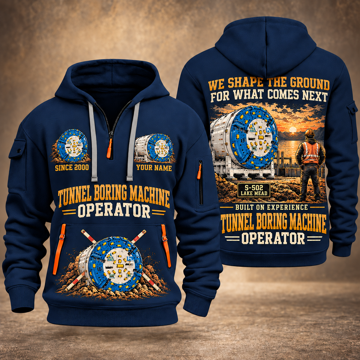 Herrenknecht Multi-mode TBM S-502 - Lake Mead configuration Tunnel Boring Machine quarter zip hoodie in Navy, front and back views, sample YOUR NAME and SINCE 2000 artwork