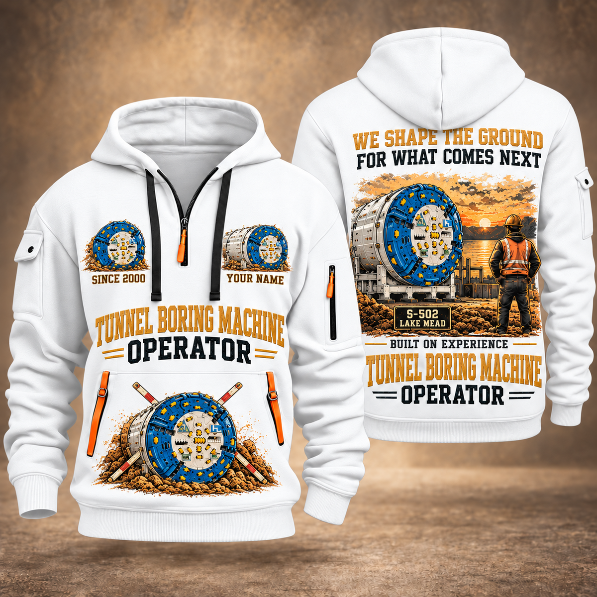 Herrenknecht Multi-mode TBM S-502 - Lake Mead configuration Tunnel Boring Machine quarter zip hoodie in White, front and back views, sample YOUR NAME and SINCE 2000 artwork