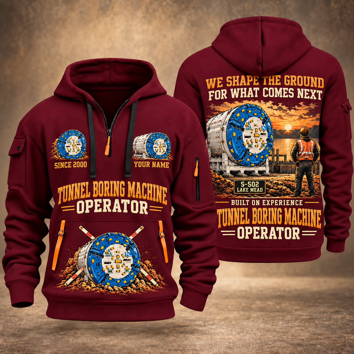 Herrenknecht Multi-mode TBM S-502 - Lake Mead configuration Tunnel Boring Machine quarter zip hoodie in Wine Red, front and back views, sample YOUR NAME and SINCE 2000 artwork