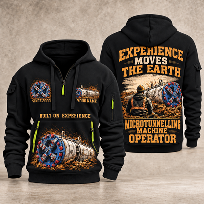 Akkerman SL44C Microtunnelling Machine quarter zip hoodie in Black, front and back views, sample YOUR NAME and SINCE 2000 artwork