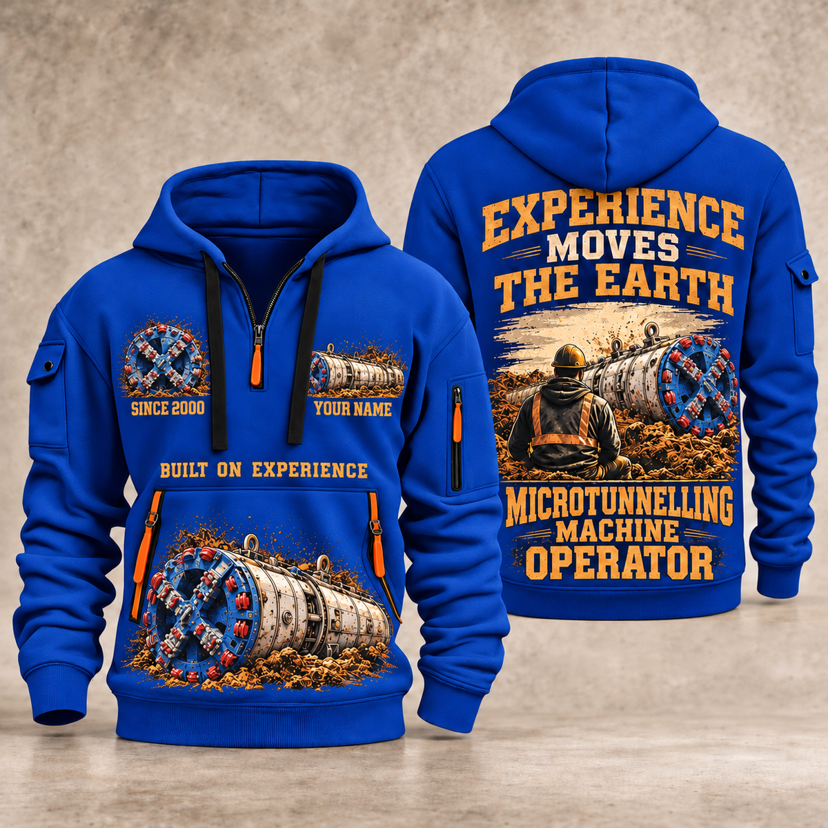 Akkerman SL44C Microtunnelling Machine quarter zip hoodie in Blue, front and back views, sample YOUR NAME and SINCE 2000 artwork
