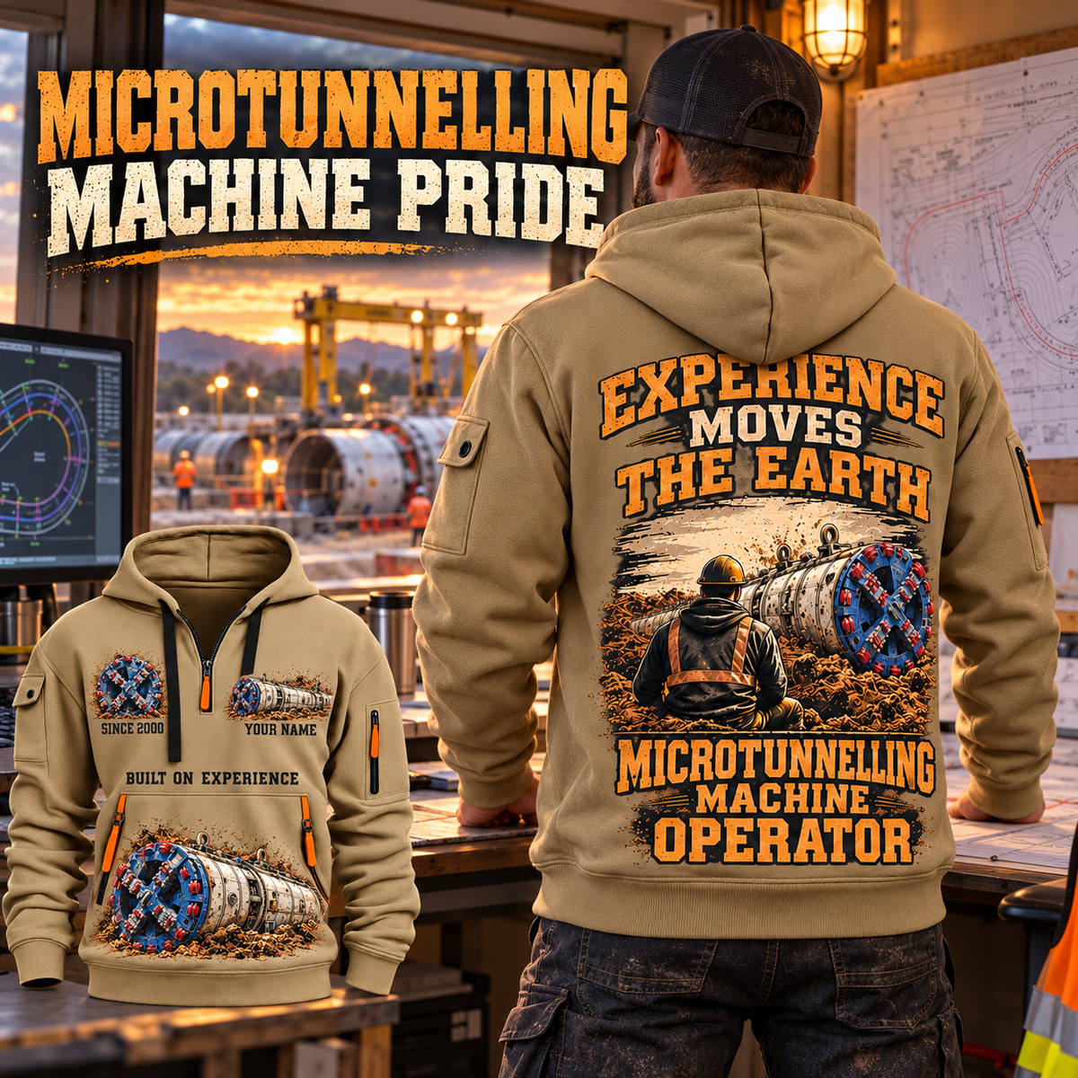 Akkerman SL44C Microtunnelling Machine quarter zip hoodie in Khaki, adult lifestyle portrait showing front and back artwork