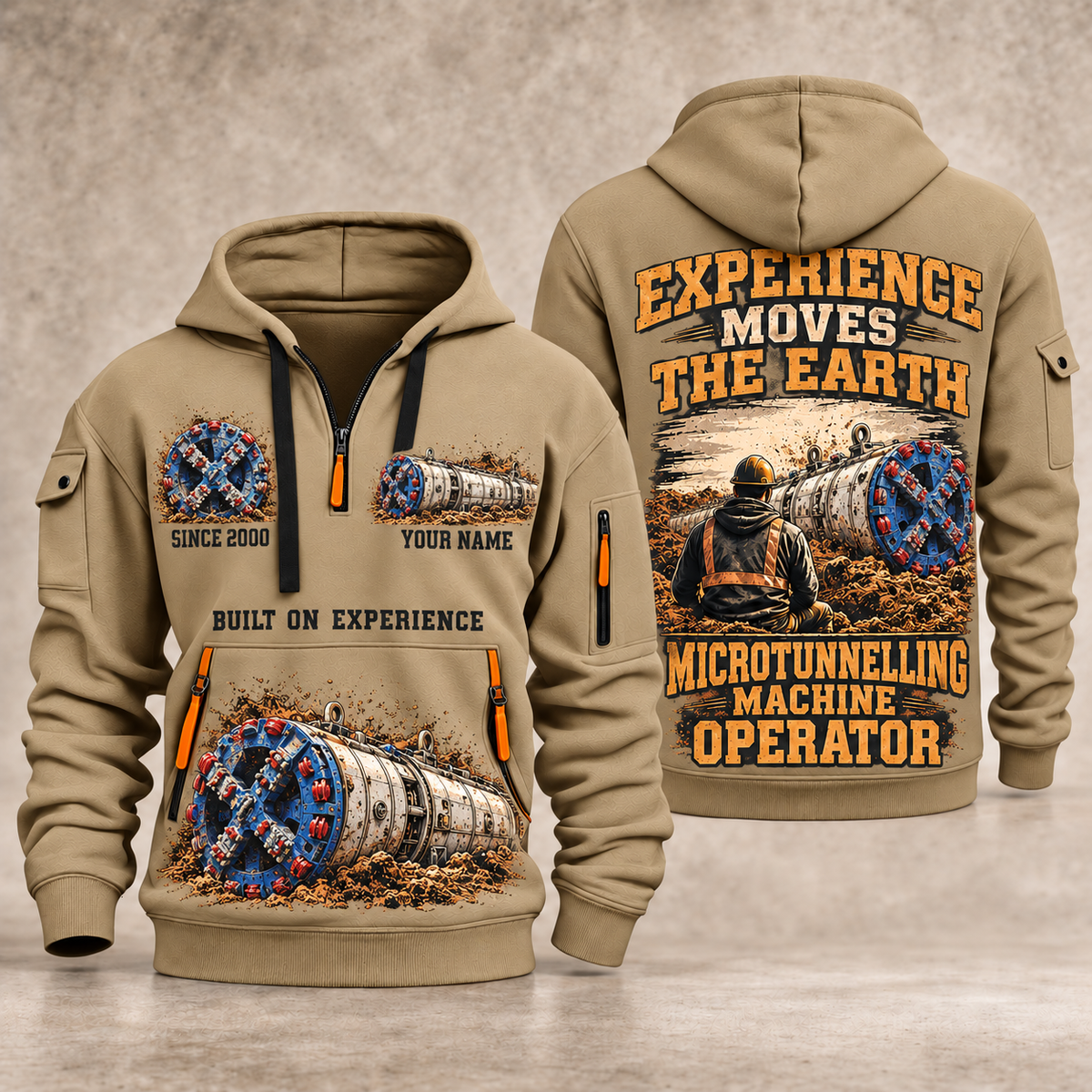 Akkerman SL44C Microtunnelling Machine quarter zip hoodie in Khaki, front and back views, sample YOUR NAME and SINCE 2000 artwork