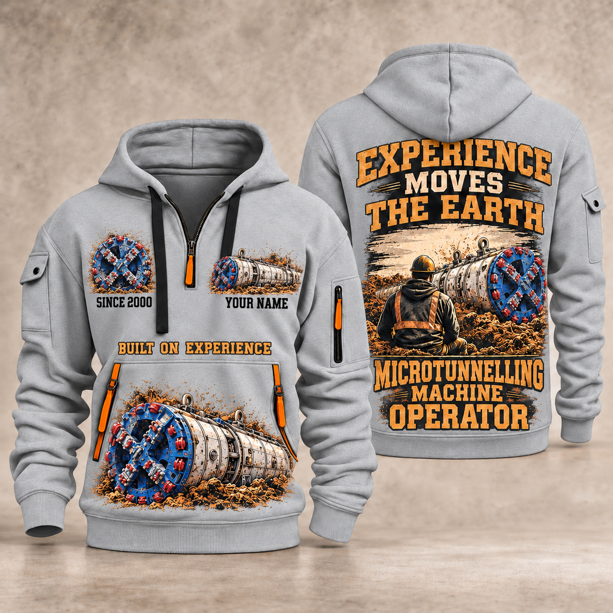 Akkerman SL44C Microtunnelling Machine quarter zip hoodie in Light Grey, front and back views, sample YOUR NAME and SINCE 2000 artwork