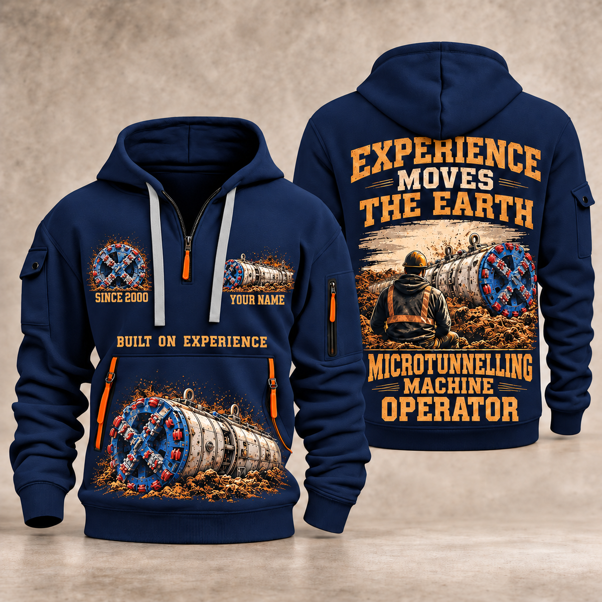 Akkerman SL44C Microtunnelling Machine quarter zip hoodie in Navy, front and back views, sample YOUR NAME and SINCE 2000 artwork