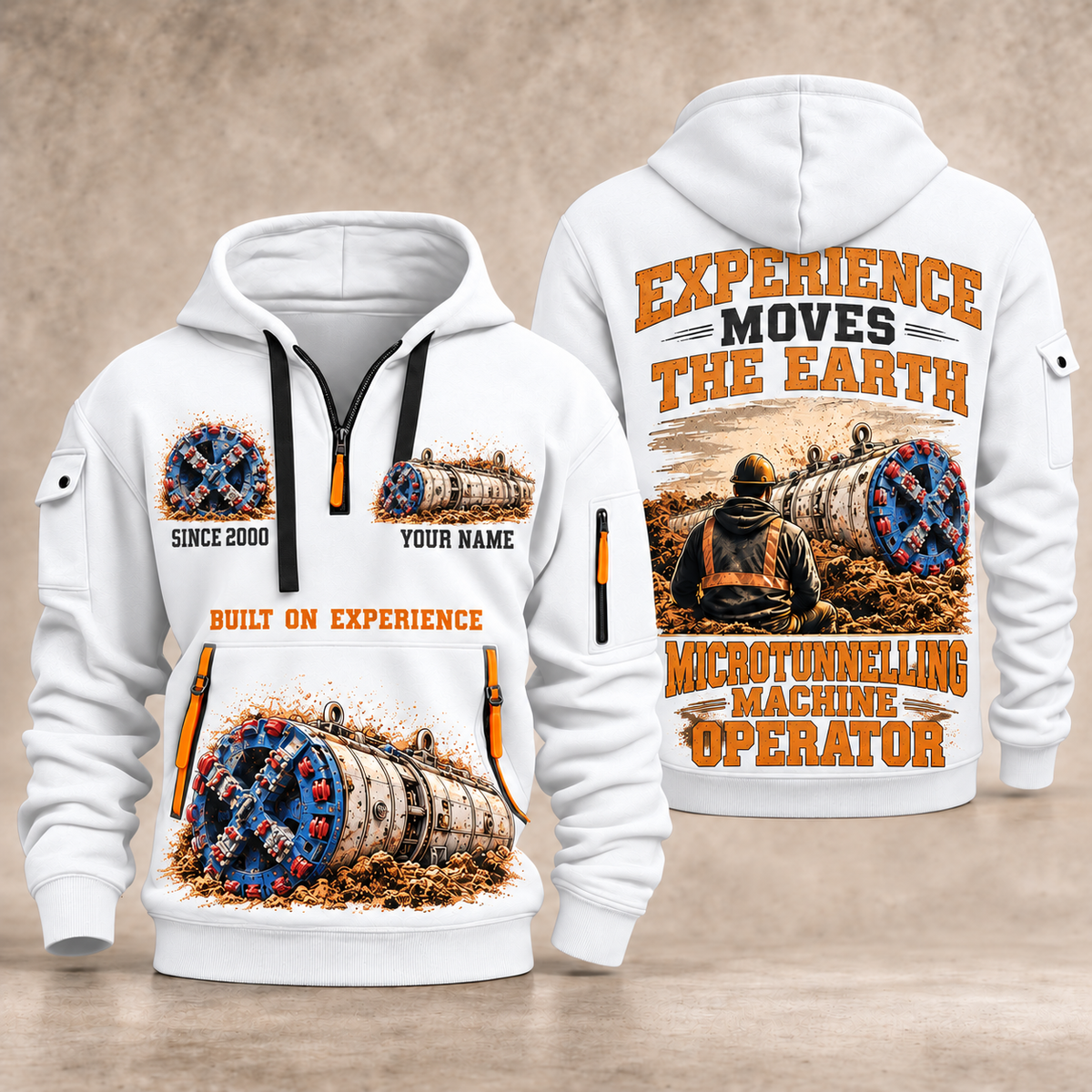 Akkerman SL44C Microtunnelling Machine quarter zip hoodie in White, front and back views, sample YOUR NAME and SINCE 2000 artwork
