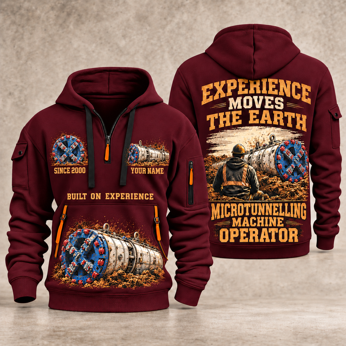 Akkerman SL44C Microtunnelling Machine quarter zip hoodie in Wine Red, front and back views, sample YOUR NAME and SINCE 2000 artwork