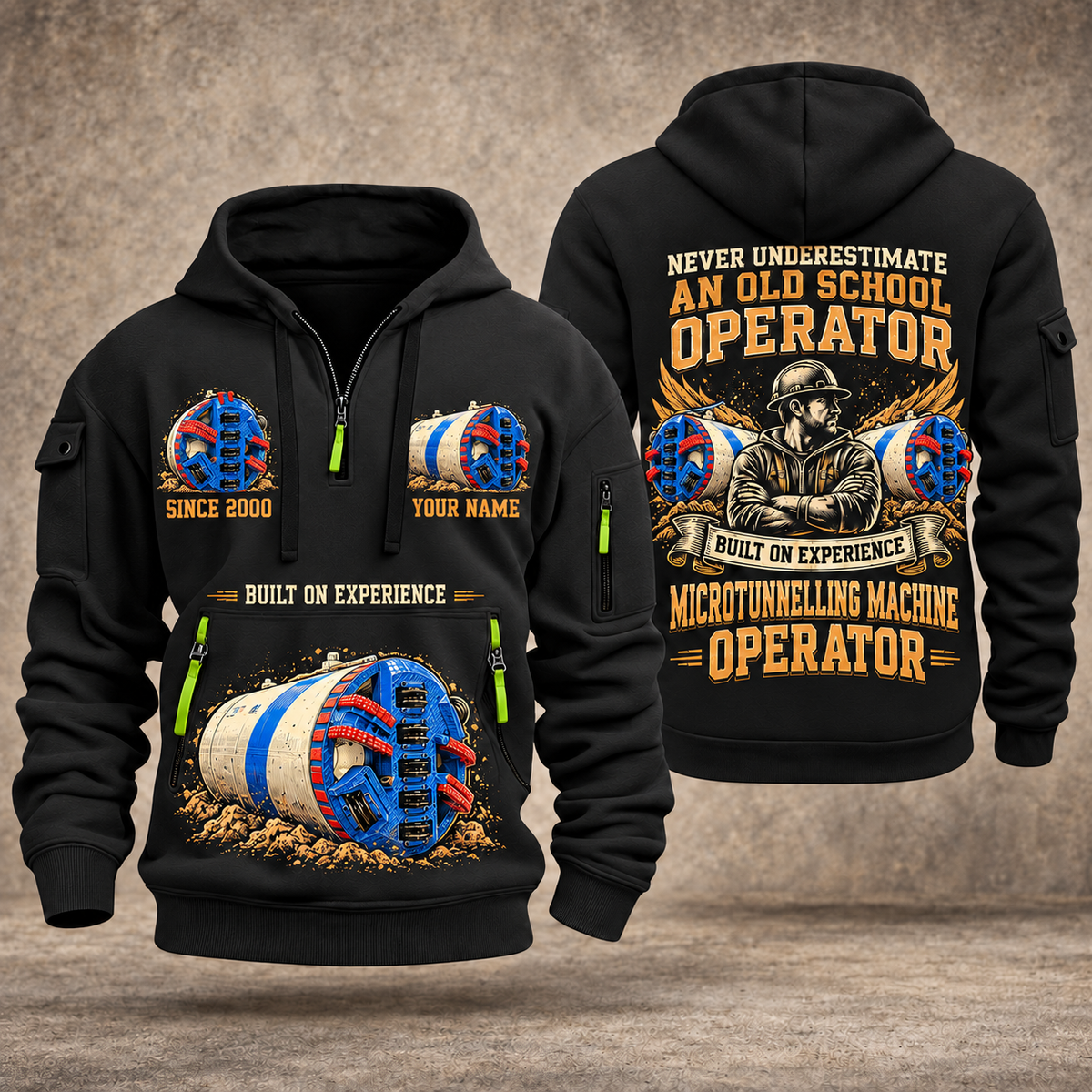 Akkerman SL60P Microtunnelling Machine quarter zip hoodie in Black, front and back views, sample YOUR NAME and SINCE 2000 artwork
