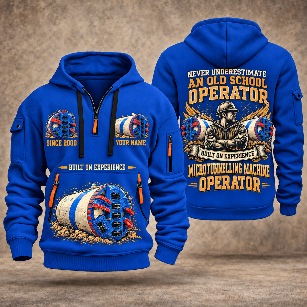 Akkerman SL60P Microtunnelling Machine quarter zip hoodie in Blue, front and back views, sample YOUR NAME and SINCE 2000 artwork